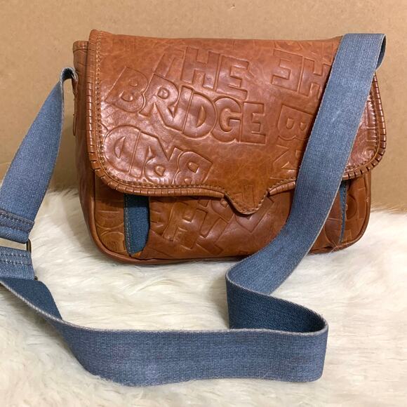 THE BRIDGE Brown Logo-Embossed Leather Vintage Saddle Messenger Bag w/Denim Trim - Picture 16 of 16